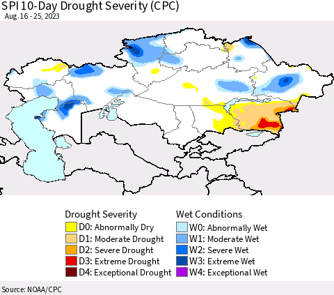 Kazakhstan SPI 10-Day Drought Severity (CPC) Thematic Map For 8/16/2023 - 8/25/2023
