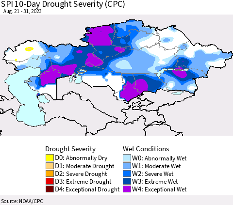 Kazakhstan SPI 10-Day Drought Severity (CPC) Thematic Map For 8/21/2023 - 8/31/2023