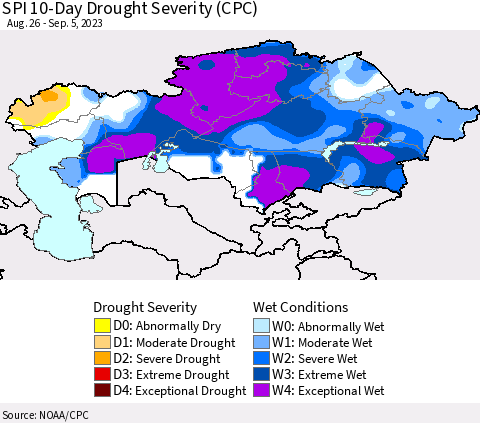Kazakhstan SPI 10-Day Drought Severity (CPC) Thematic Map For 8/26/2023 - 9/5/2023