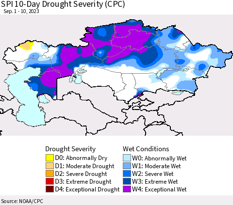 Kazakhstan SPI 10-Day Drought Severity (CPC) Thematic Map For 9/1/2023 - 9/10/2023
