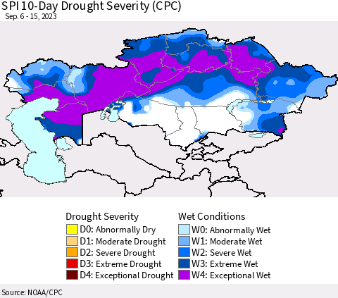 Kazakhstan SPI 10-Day Drought Severity (CPC) Thematic Map For 9/6/2023 - 9/15/2023