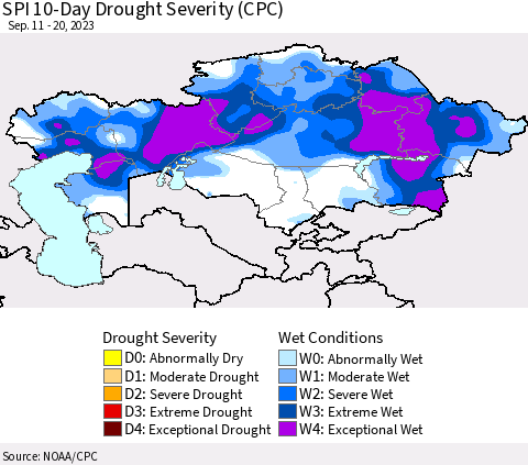 Kazakhstan SPI 10-Day Drought Severity (CPC) Thematic Map For 9/11/2023 - 9/20/2023