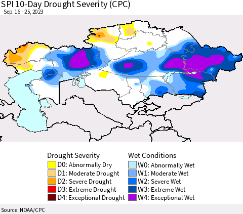 Kazakhstan SPI 10-Day Drought Severity (CPC) Thematic Map For 9/16/2023 - 9/25/2023