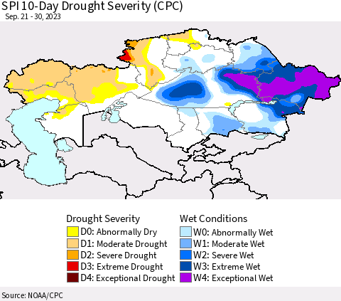 Kazakhstan SPI 10-Day Drought Severity (CPC) Thematic Map For 9/21/2023 - 9/30/2023