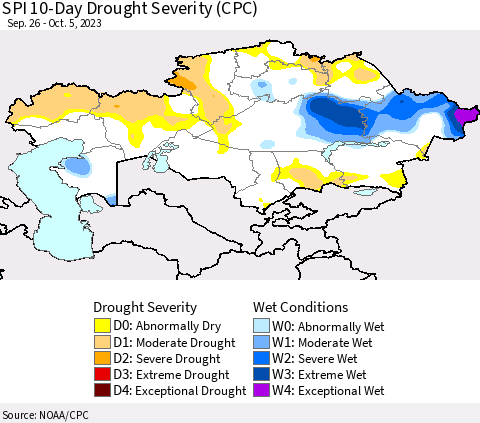Kazakhstan SPI 10-Day Drought Severity (CPC) Thematic Map For 9/26/2023 - 10/5/2023