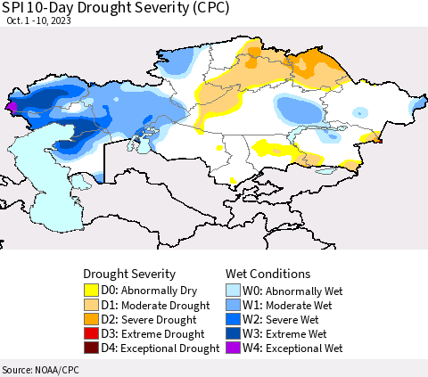 Kazakhstan SPI 10-Day Drought Severity (CPC) Thematic Map For 10/1/2023 - 10/10/2023