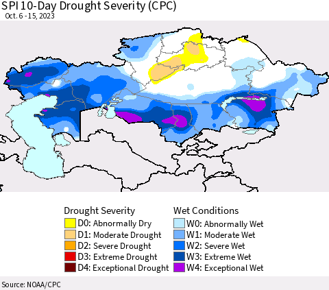Kazakhstan SPI 10-Day Drought Severity (CPC) Thematic Map For 10/6/2023 - 10/15/2023
