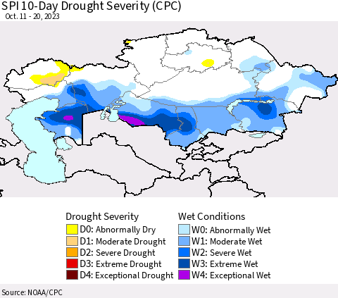 Kazakhstan SPI 10-Day Drought Severity (CPC) Thematic Map For 10/11/2023 - 10/20/2023