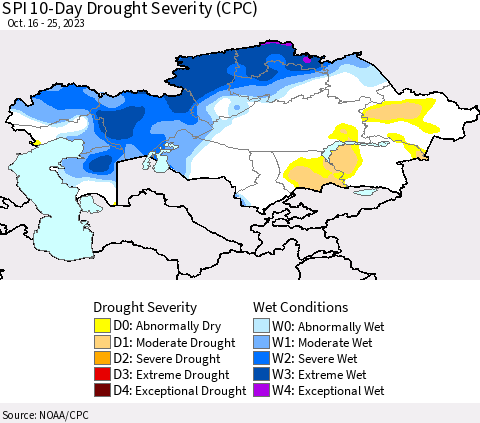Kazakhstan SPI 10-Day Drought Severity (CPC) Thematic Map For 10/16/2023 - 10/25/2023
