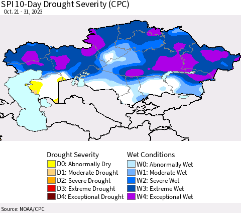 Kazakhstan SPI 10-Day Drought Severity (CPC) Thematic Map For 10/21/2023 - 10/31/2023
