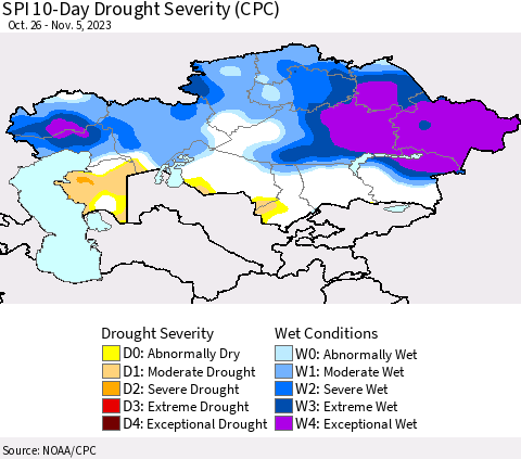 Kazakhstan SPI 10-Day Drought Severity (CPC) Thematic Map For 10/26/2023 - 11/5/2023