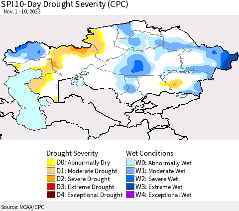 Kazakhstan SPI 10-Day Drought Severity (CPC) Thematic Map For 11/1/2023 - 11/10/2023