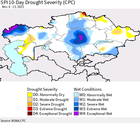 Kazakhstan SPI 10-Day Drought Severity (CPC) Thematic Map For 11/6/2023 - 11/15/2023