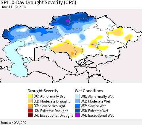 Kazakhstan SPI 10-Day Drought Severity (CPC) Thematic Map For 11/11/2023 - 11/20/2023