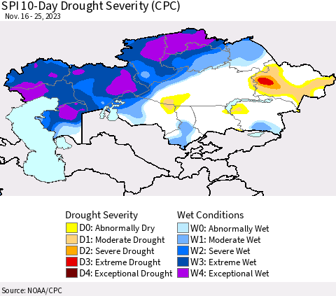 Kazakhstan SPI 10-Day Drought Severity (CPC) Thematic Map For 11/16/2023 - 11/25/2023
