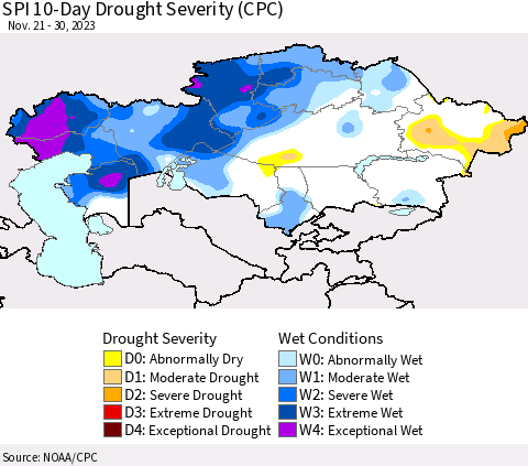 Kazakhstan SPI 10-Day Drought Severity (CPC) Thematic Map For 11/21/2023 - 11/30/2023