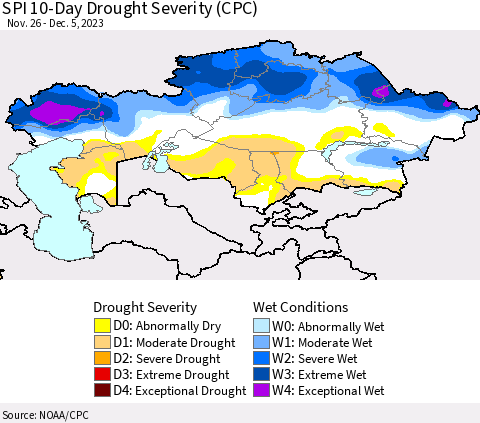 Kazakhstan SPI 10-Day Drought Severity (CPC) Thematic Map For 11/26/2023 - 12/5/2023