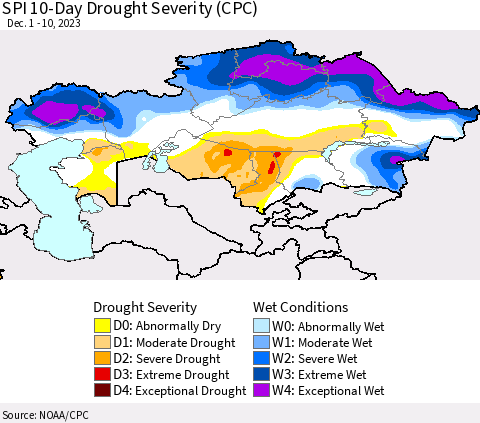 Kazakhstan SPI 10-Day Drought Severity (CPC) Thematic Map For 12/1/2023 - 12/10/2023