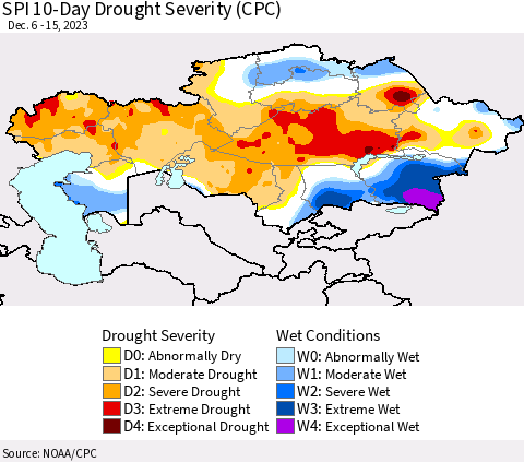 Kazakhstan SPI 10-Day Drought Severity (CPC) Thematic Map For 12/6/2023 - 12/15/2023