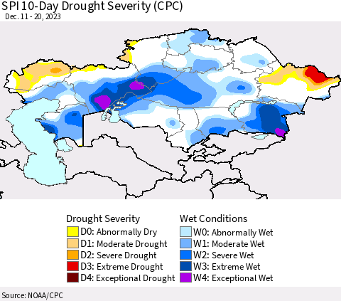 Kazakhstan SPI 10-Day Drought Severity (CPC) Thematic Map For 12/11/2023 - 12/20/2023