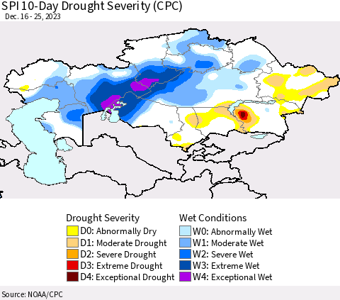 Kazakhstan SPI 10-Day Drought Severity (CPC) Thematic Map For 12/16/2023 - 12/25/2023