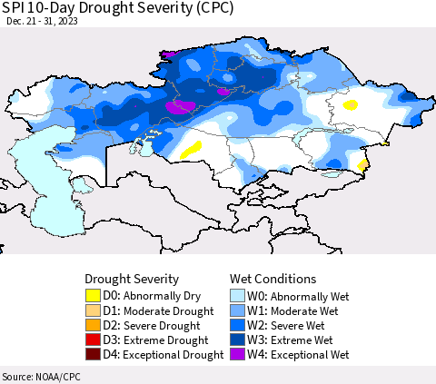 Kazakhstan SPI 10-Day Drought Severity (CPC) Thematic Map For 12/21/2023 - 12/31/2023