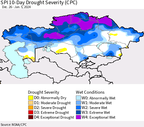 Kazakhstan SPI 10-Day Drought Severity (CPC) Thematic Map For 12/26/2023 - 1/5/2024
