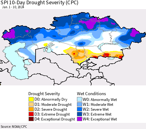 Kazakhstan SPI 10-Day Drought Severity (CPC) Thematic Map For 1/1/2024 - 1/10/2024