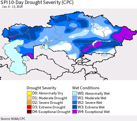 Kazakhstan SPI 10-Day Drought Severity (CPC) Thematic Map For 1/6/2024 - 1/15/2024
