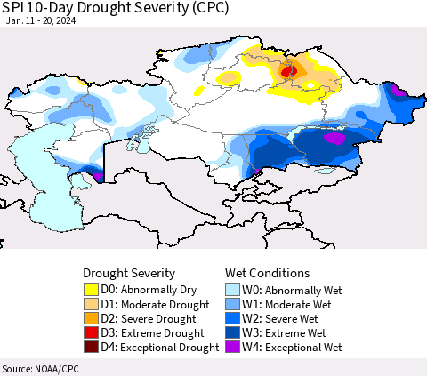 Kazakhstan SPI 10-Day Drought Severity (CPC) Thematic Map For 1/11/2024 - 1/20/2024