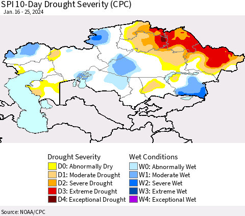 Kazakhstan SPI 10-Day Drought Severity (CPC) Thematic Map For 1/16/2024 - 1/25/2024