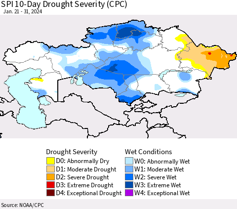 Kazakhstan SPI 10-Day Drought Severity (CPC) Thematic Map For 1/21/2024 - 1/31/2024