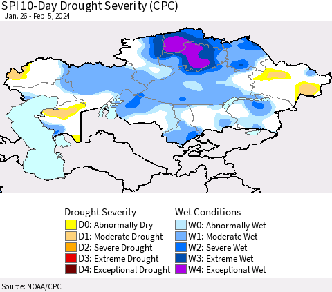 Kazakhstan SPI 10-Day Drought Severity (CPC) Thematic Map For 1/26/2024 - 2/5/2024