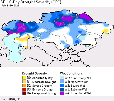 Kazakhstan SPI 10-Day Drought Severity (CPC) Thematic Map For 2/1/2024 - 2/10/2024