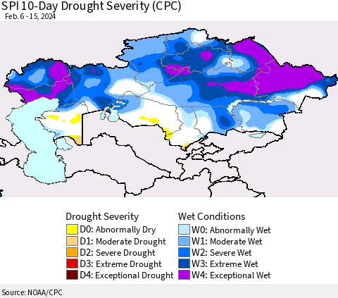 Kazakhstan SPI 10-Day Drought Severity (CPC) Thematic Map For 2/6/2024 - 2/15/2024