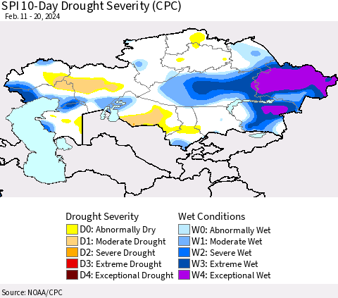 Kazakhstan SPI 10-Day Drought Severity (CPC) Thematic Map For 2/11/2024 - 2/20/2024