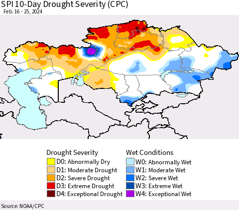 Kazakhstan SPI 10-Day Drought Severity (CPC) Thematic Map For 2/16/2024 - 2/25/2024