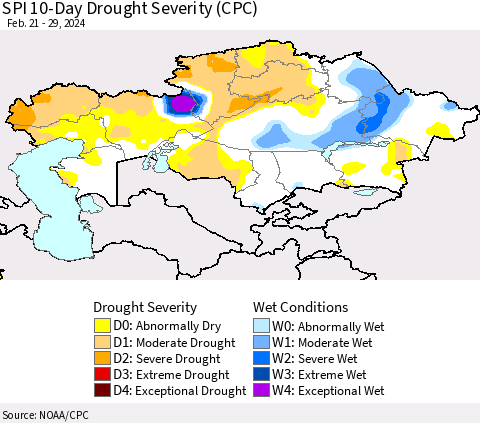 Kazakhstan SPI 10-Day Drought Severity (CPC) Thematic Map For 2/21/2024 - 2/29/2024