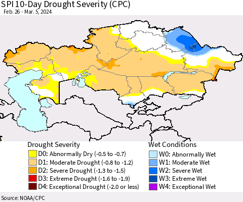 Kazakhstan SPI 10-Day Drought Severity (CPC) Thematic Map For 2/26/2024 - 3/5/2024