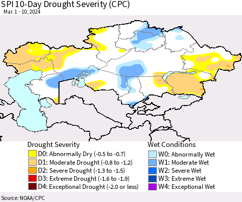 Kazakhstan SPI 10-Day Drought Severity (CPC) Thematic Map For 3/1/2024 - 3/10/2024