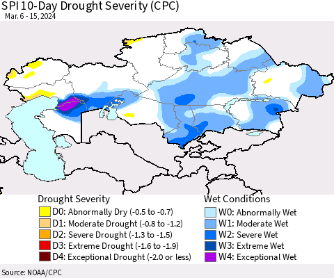 Kazakhstan SPI 10-Day Drought Severity (CPC) Thematic Map For 3/6/2024 - 3/15/2024