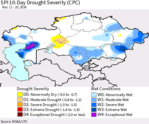 Kazakhstan SPI 10-Day Drought Severity (CPC) Thematic Map For 3/11/2024 - 3/20/2024