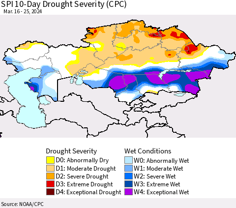 Kazakhstan SPI 10-Day Drought Severity (CPC) Thematic Map For 3/16/2024 - 3/25/2024