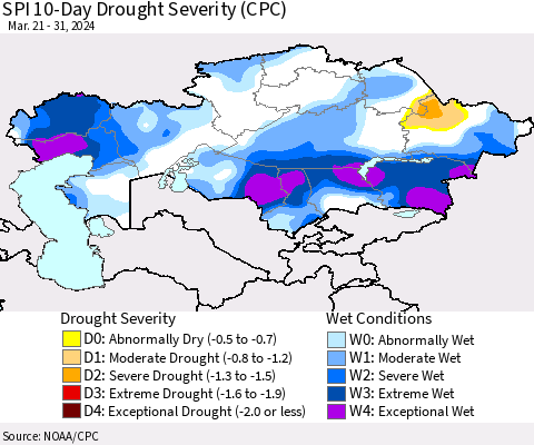 Kazakhstan SPI 10-Day Drought Severity (CPC) Thematic Map For 3/21/2024 - 3/31/2024