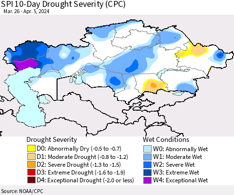 Kazakhstan SPI 10-Day Drought Severity (CPC) Thematic Map For 3/26/2024 - 4/5/2024