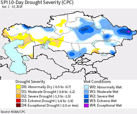 Kazakhstan SPI 10-Day Drought Severity (CPC) Thematic Map For 4/1/2024 - 4/10/2024
