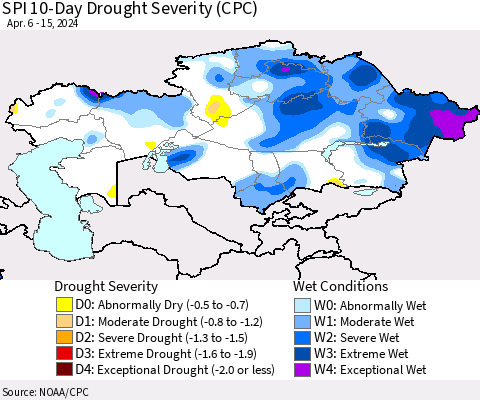 Kazakhstan SPI 10-Day Drought Severity (CPC) Thematic Map For 4/6/2024 - 4/15/2024