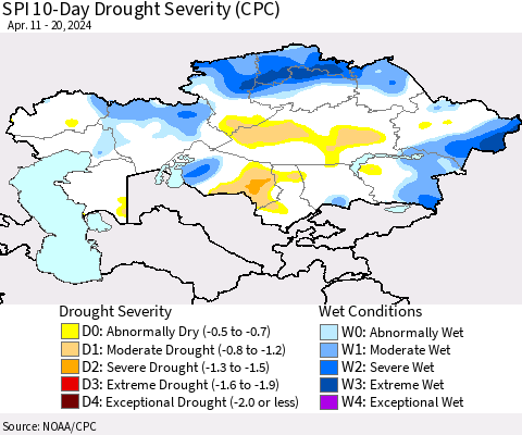 Kazakhstan SPI 10-Day Drought Severity (CPC) Thematic Map For 4/11/2024 - 4/20/2024