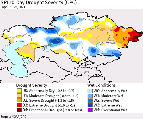 Kazakhstan SPI 10-Day Drought Severity (CPC) Thematic Map For 4/16/2024 - 4/25/2024