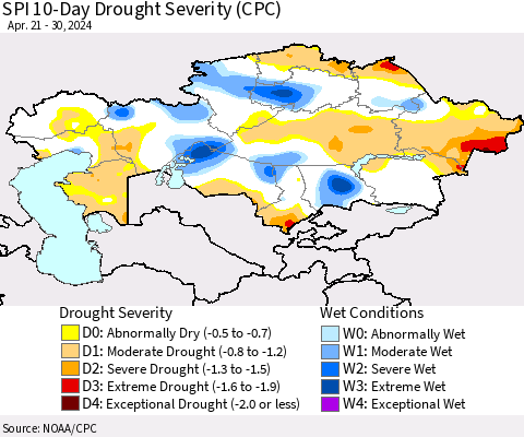 Kazakhstan SPI 10-Day Drought Severity (CPC) Thematic Map For 4/21/2024 - 4/30/2024